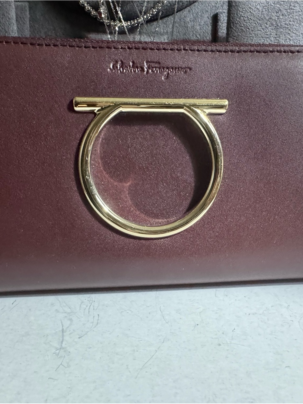 Salvatore Ferragamo Burgundy Leather Handbag with Gold Gancini